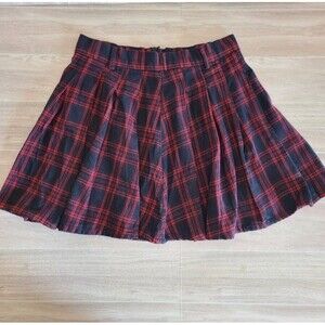 Navy & Red Plaid Pleated Skirt – Tartan Schoolgirl Style, Cotton Blend, S